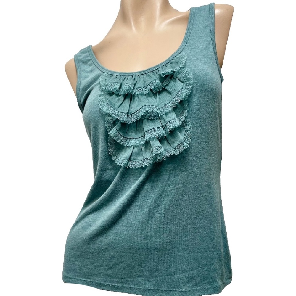 NWT Intuitions Aqua Green Ruffled Tank Top  Misses LARGE